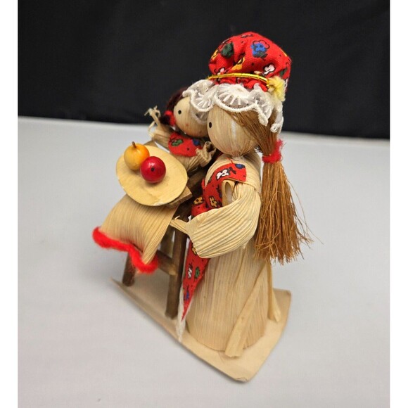 Vintage Handmade Corn Husk Doll Mother & Child in Wood High Chair Clothes 4.5" - Picture 5 of 12